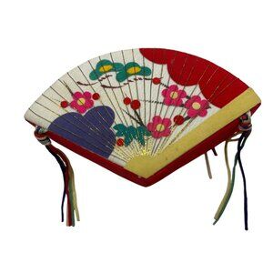 Japanese Fan-Shaped Decorative Trinket Box W/ Floral Design & Tassels 6" Length